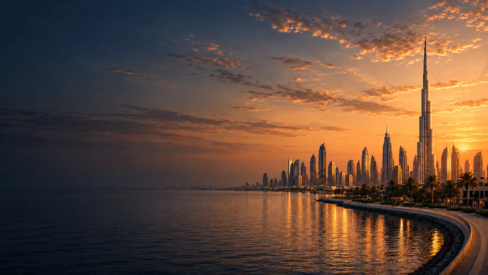 The Dubai skyline at golden hour, seen across the water